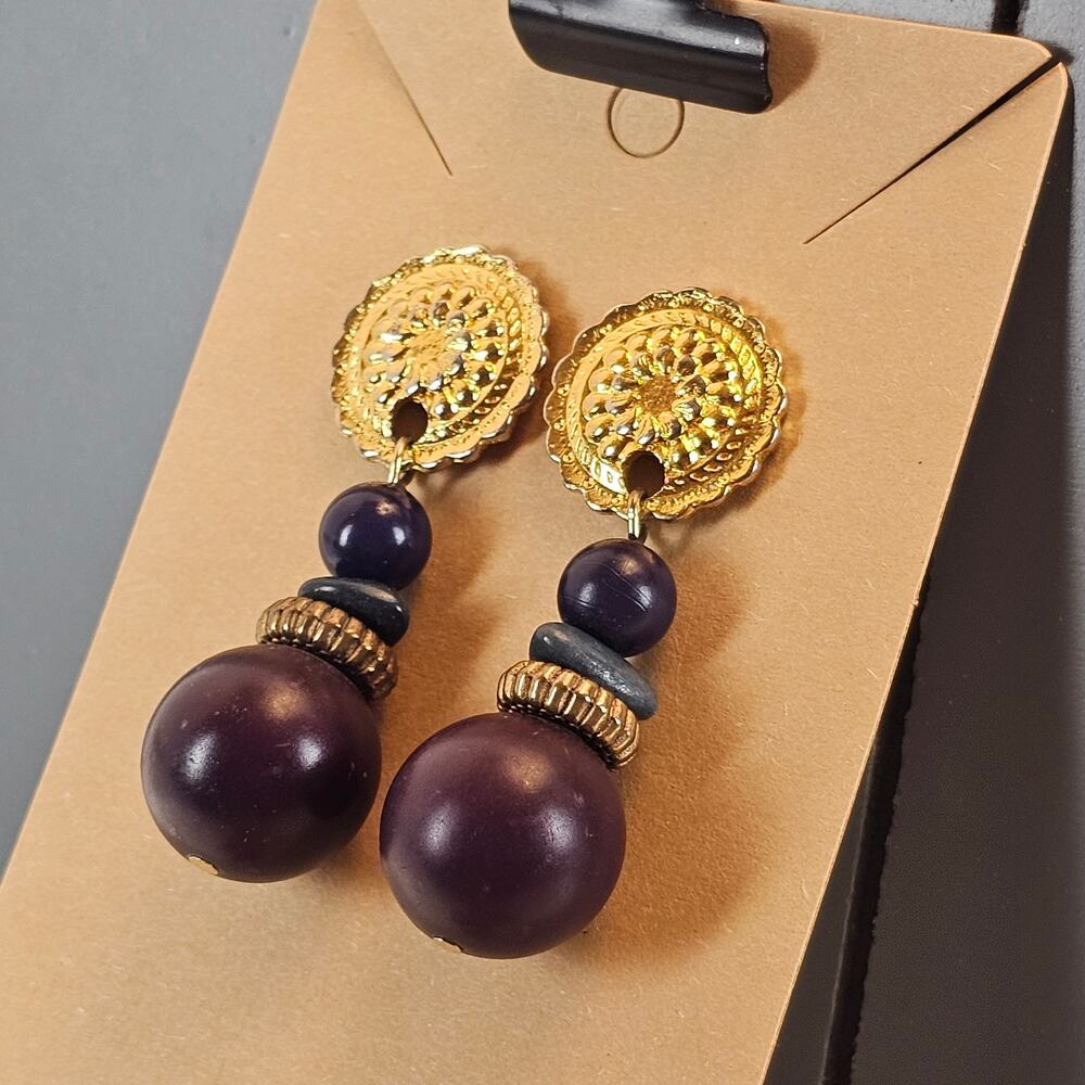 Vintage Style Gold Tone Purple Brown Beaded Dangle Drop Earrings Boho 2" - Picture 10 of 13
